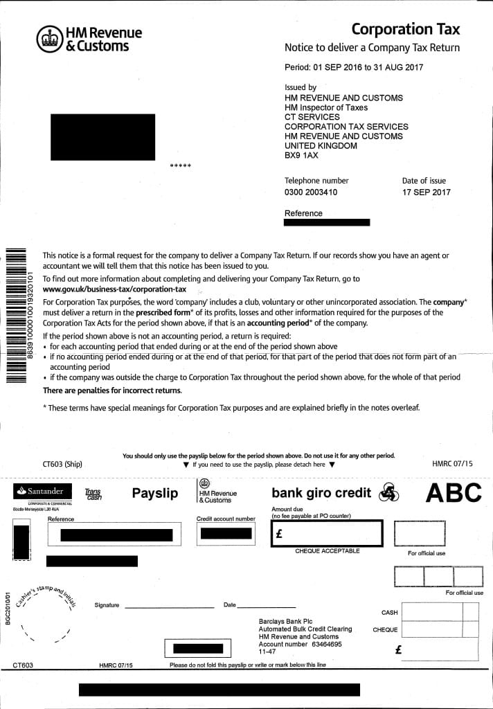 a notice from HM Revenue & Customs requesting a Company Tax Return for the period 01 SEP 2016 to 31 AUG 2017, with payment details included