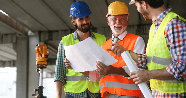 three construction workers in safety gear examine blueprints on a building site, with equipment visible in the background