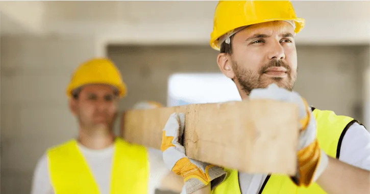 two construction workers in yellow hard hats and reflective vests are carrying a wooden plank in an unfinished building