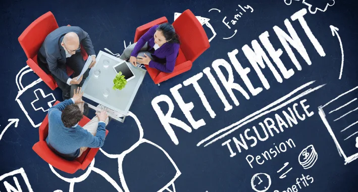three individuals seated around a coffee table, discussing retirement planning, surrounded by illustrated concepts like insurance and benefits