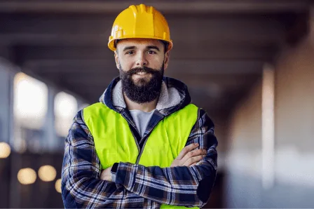 a construction worker in a bright yellow safety vest and hard hat stands confidently with arms crossed