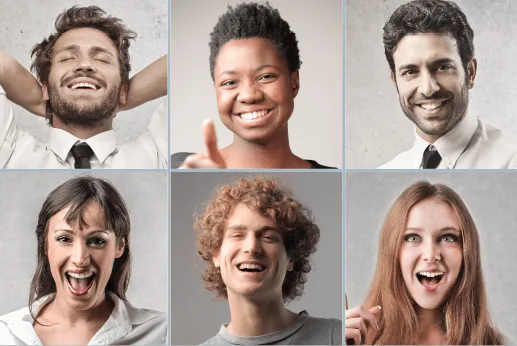 a grid of six portraits featuring diverse individuals in various poses; all faces are obscured, highlighting their unique hairstyles and attire