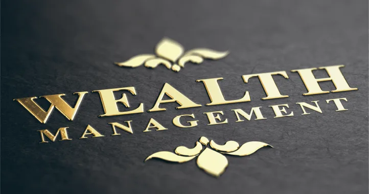 elegant gold lettering spelling "Wealth Management" on a dark textured background, accented with decorative motifs