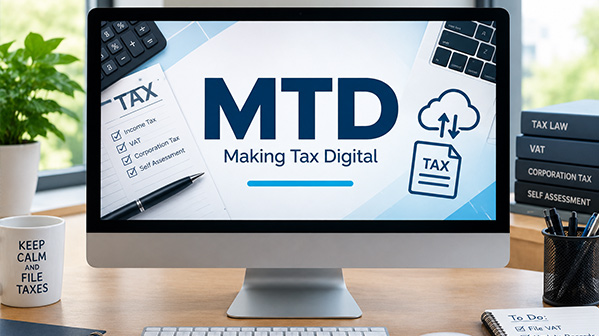 Computer displaying MTD Making Tax Digital tax service graphic
